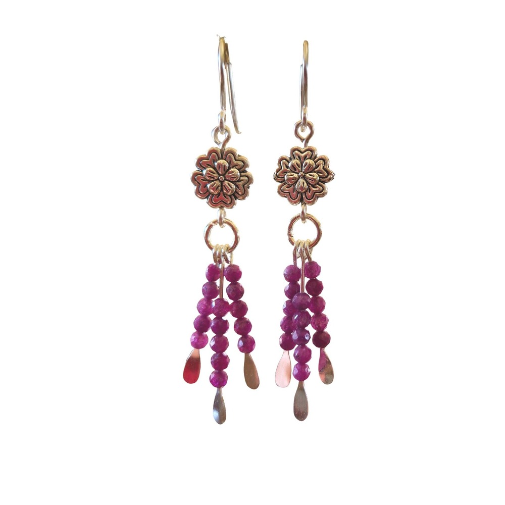 Handmade Boho Bali Silver Floral Pink Tourmaline Tassel Dangle Drop Earrings